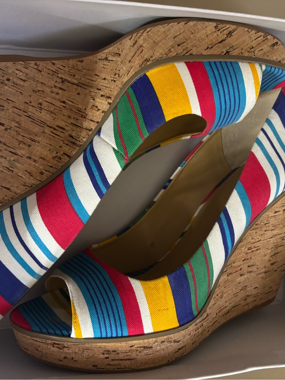 Nine West Striped Multi-Color Cork Wedge Peep-Toe